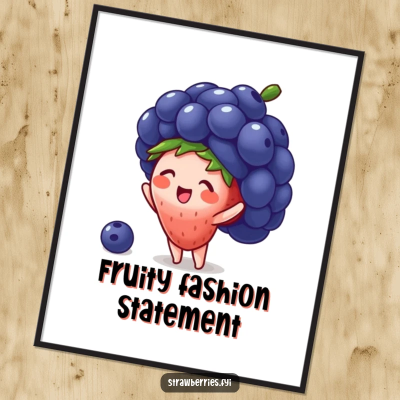 Funny poster showing a small strawberry character adorably trying to wear a huge blueberry as a hat, adding fruity humor to decor.