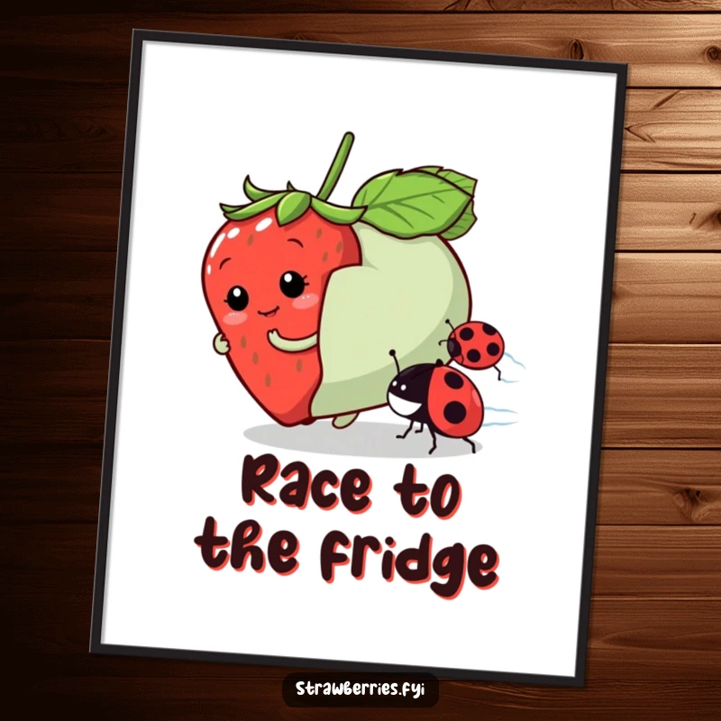 Funny poster illustrating a playful strawberry character in a race against a ladybug, showcasing humorous rivalry.