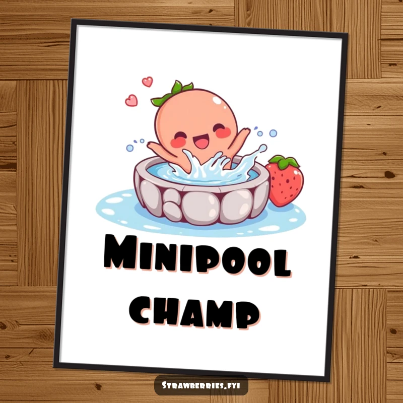 Funny poster featuring a joyful strawberry character splashing heartily in a tiny pool, radiating pure, contagious happiness.