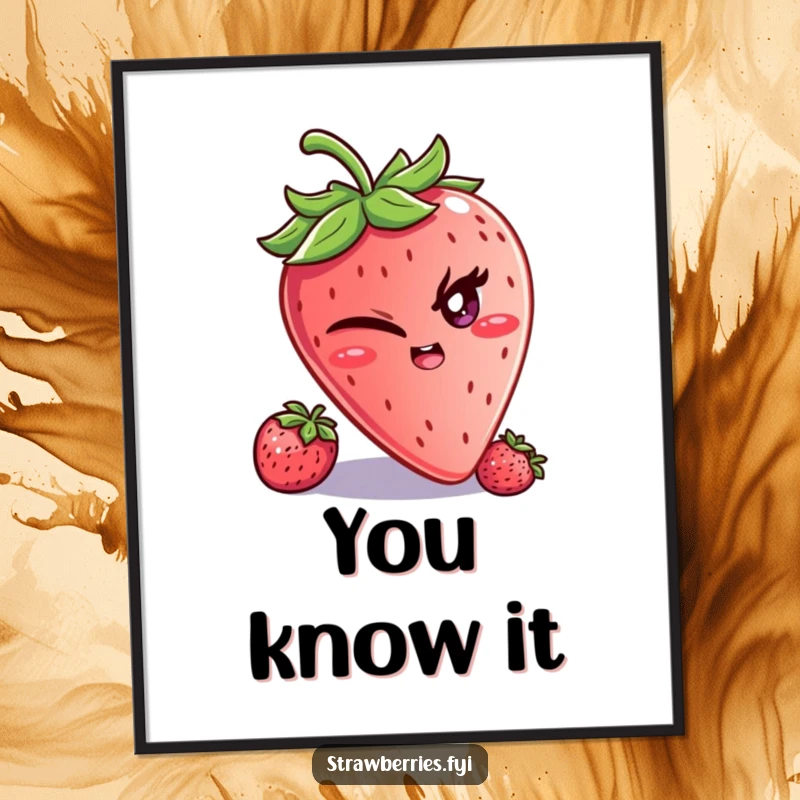 Funny poster art of a strawberry character winking with a mischievous glint, radiating playful charm and humorous allure.