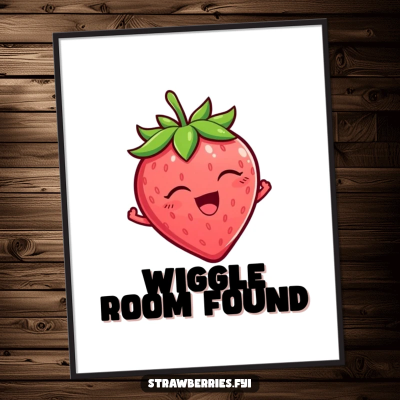 Funny Strawberry Poster showing a tickled strawberry character wiggling with uninhibited delight, a humorous and vibrant funny gift.