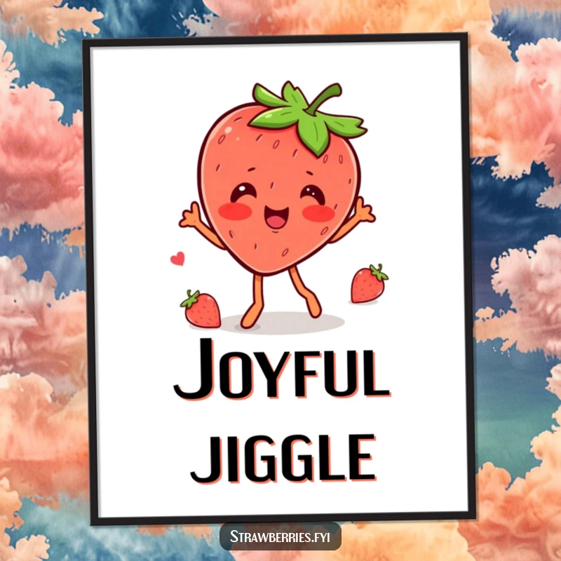 Funny kawaii strawberry character captured mid-wobble dance, radiating happiness on this artistic poster.