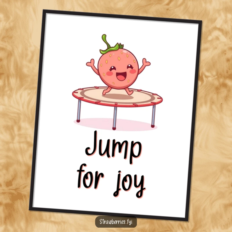 Funny cheerful strawberry character joyfully bouncing on a giant trampoline, a dynamic and humorous art print.