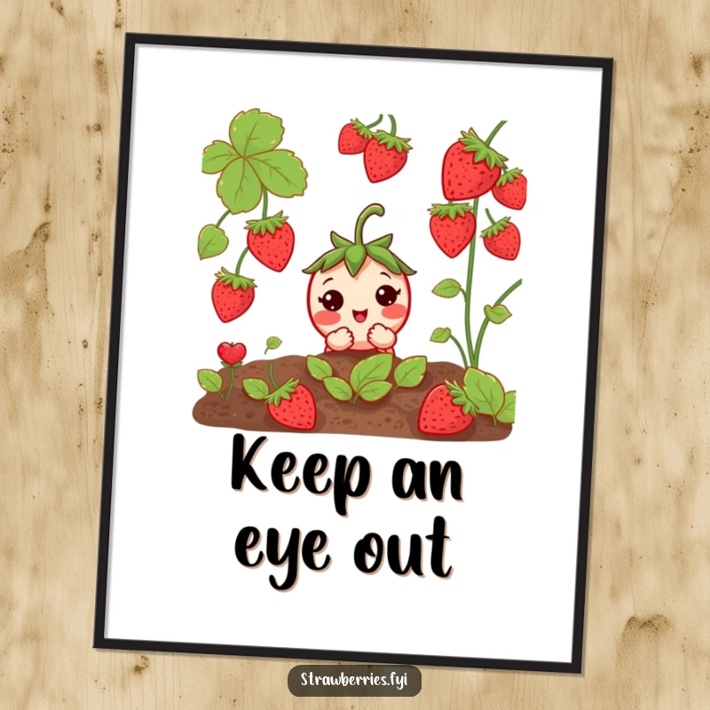 Funny Curious Strawberry Poster: A shy strawberry peeking from a garden patch, adding innocent charm and humor.