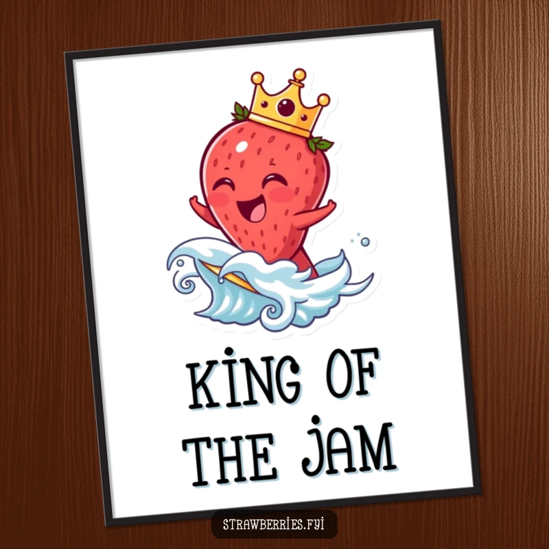 Funny strawberry poster showing a laughing crowned fruit character riding a wave, a vibrant and humorous piece of wall art.