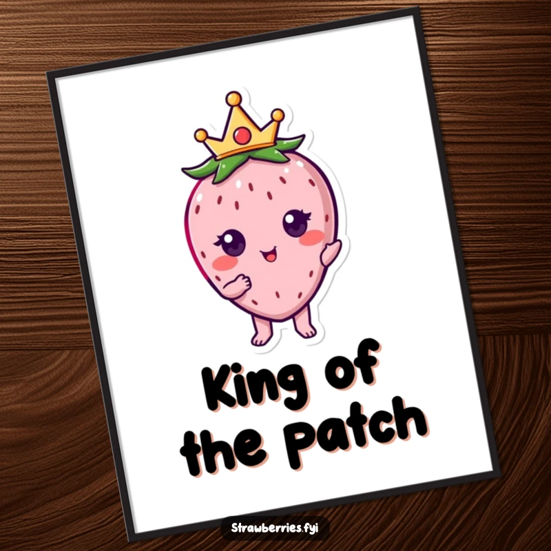 Funny kawaii strawberry character with a tiny crown, striking a proud pose on this artistic poster.