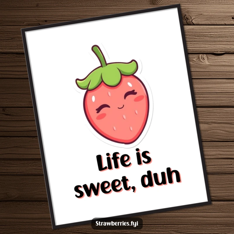 Funny winking kawaii strawberry character tipping its leafy cap, presented as vibrant wall art, perfect for lovers of cute and humorous decor.