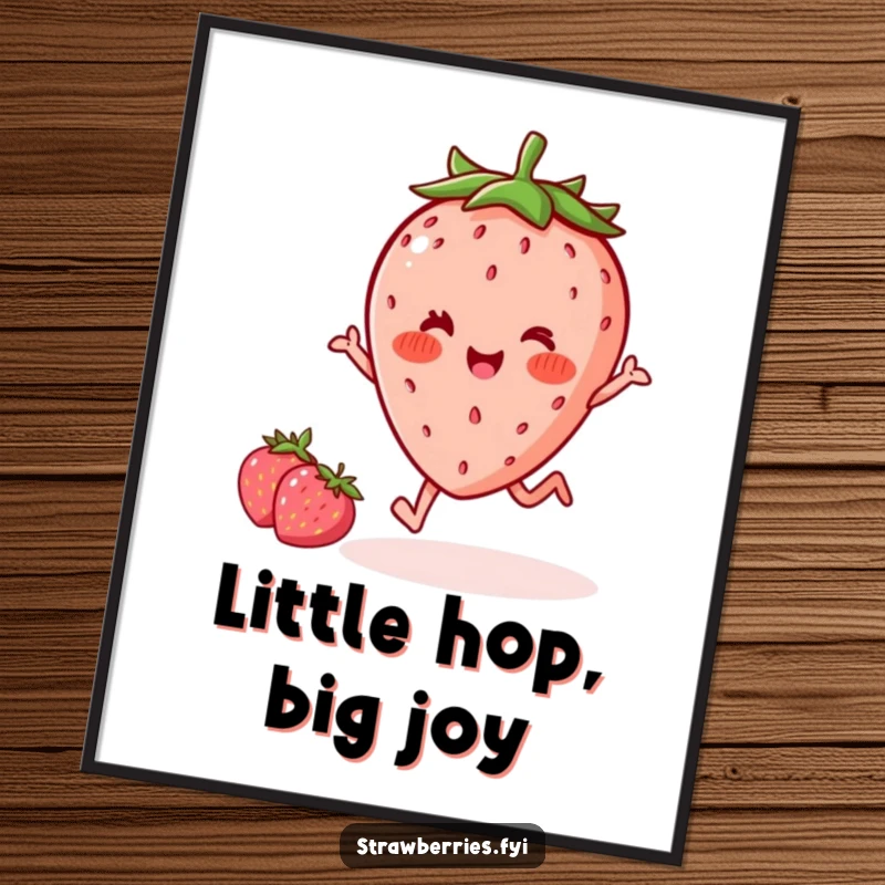 Funny delighted kawaii strawberry character with rosy cheeks doing a little hop, presented as vibrant wall art, perfect for lovers of cute and humorous decor.