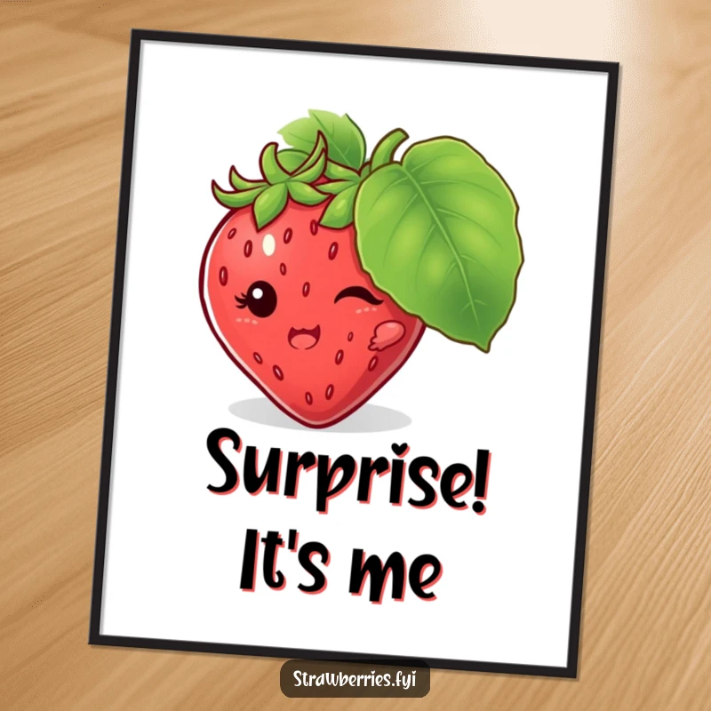 Funny poster illustrating a mischievous strawberry character hiding behind a large leaf, creating playful, humorous wall art.