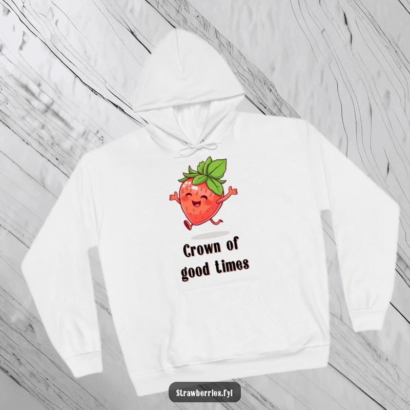 Funny hoodie showcasing a happy strawberry character with a leafy crown, in a joyful hop, offering cozy warmth and fruity charm.