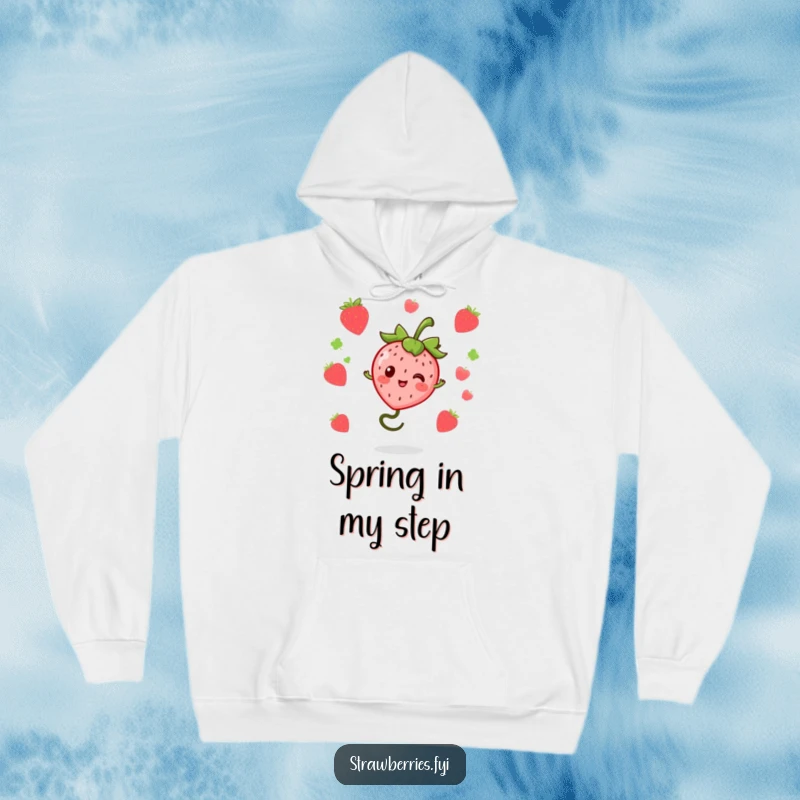 Funny kawaii strawberry character bouncing on a springy stem, printed on a soft, warm hoodie for cozy, humorous wear.