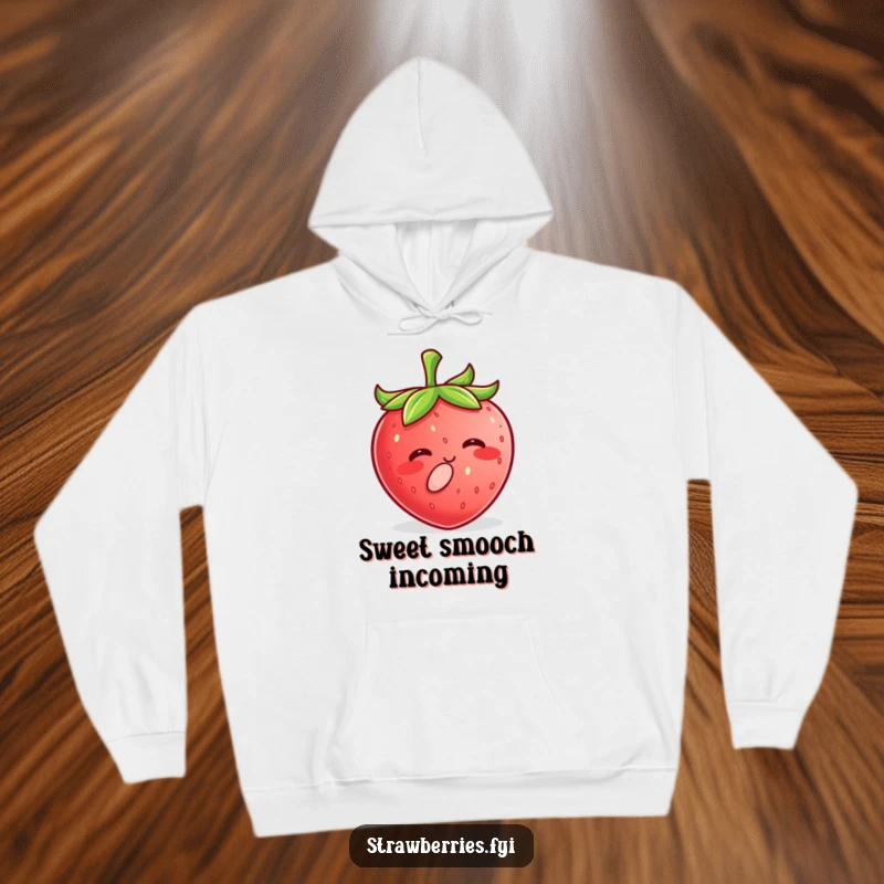 Funny Kawaii Strawberry Hoodie showcasing a cheerful character sharing a tiny, sweet kiss, perfect for warmth and smiles.