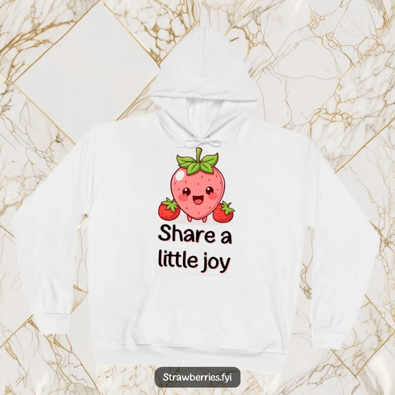 Funny hoodie design of a happy Kawaii strawberry character with a huge smile, extending a small bite invitingly.