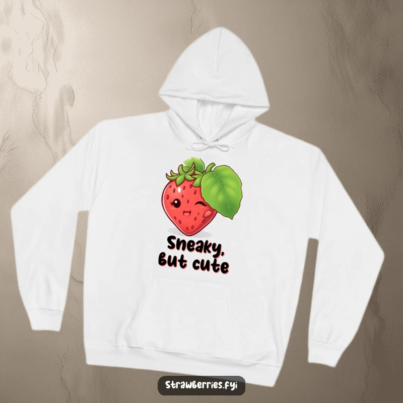 Funny hoodie featuring a mischievous strawberry character hiding behind a large leaf, offering cozy, humorous delight.