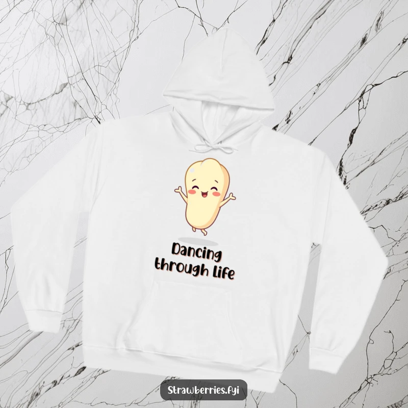 Funny vanilla bean character dancing happily, hooded sweatshirt, cozy apparel with a cheerful and funny design.