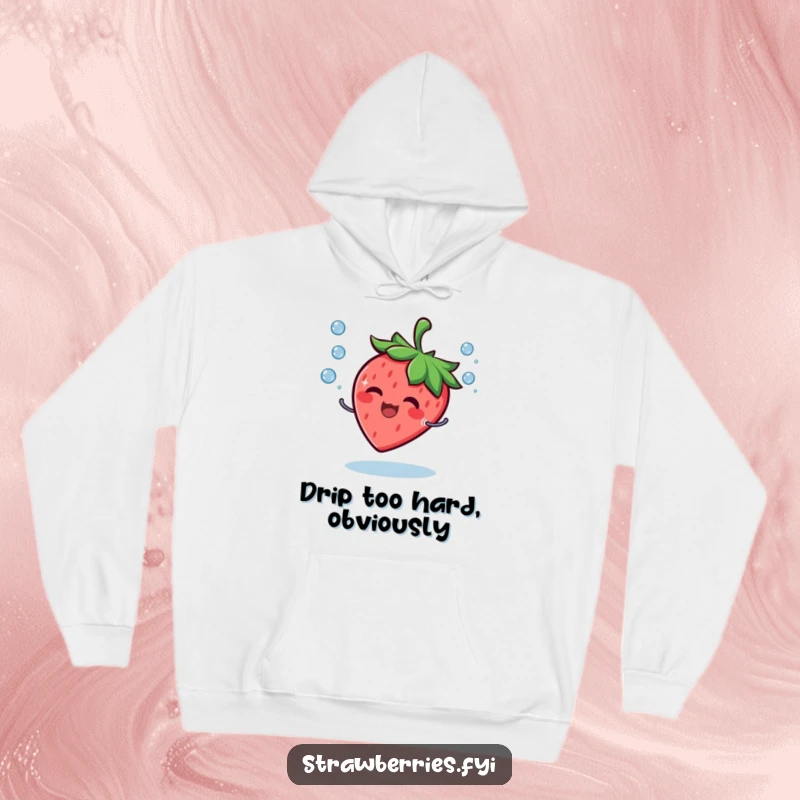 Funny Hoodie depicting a giggling strawberry character playfully juggling tiny water droplets with a wide, happy smile.