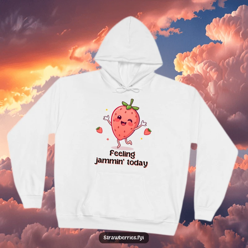 Funny hoodie with a delighted anthropomorphic strawberry in a joyful dancing pose, spreading happiness.