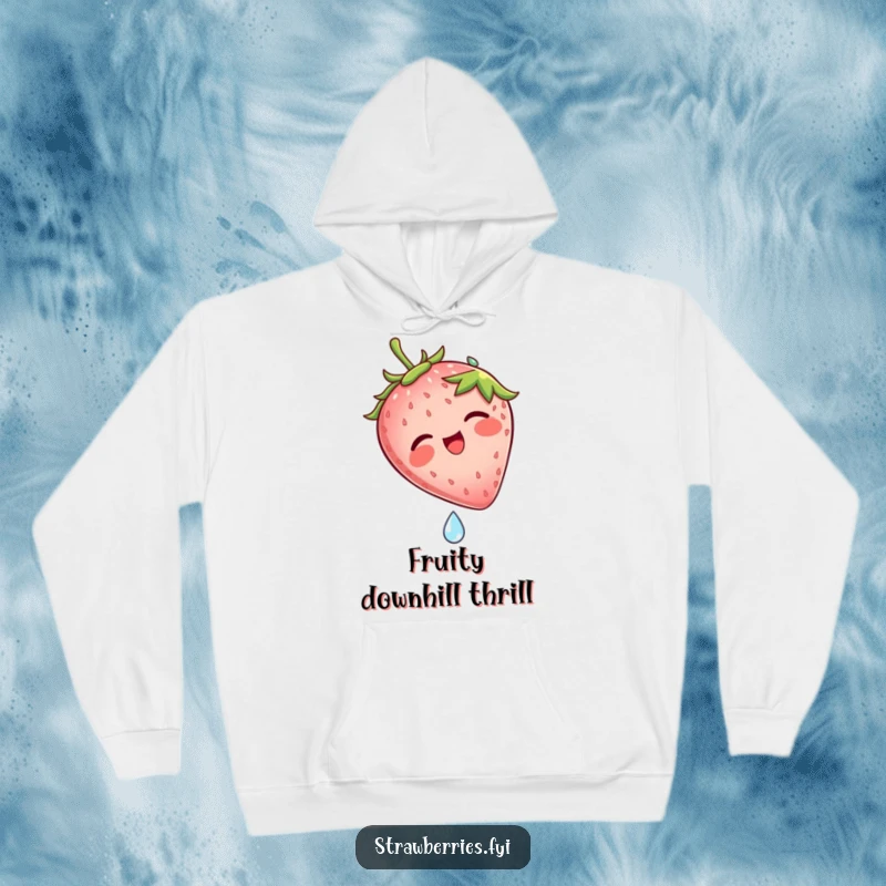 Funny hoodie depicting a gleeful strawberry character laughing out loud during a swift slide down a dew drop, showcasing pure exhilaration.