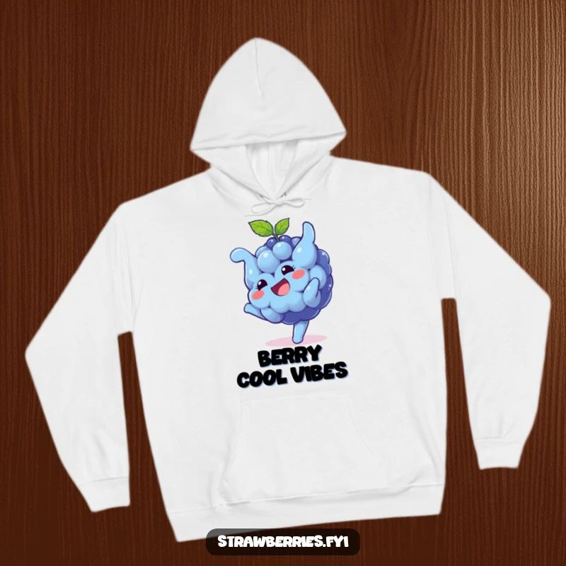 Funny Hoodie: A playful blueberry character doing a somersault with a big grin, offering warmth and a berry dose of humor.