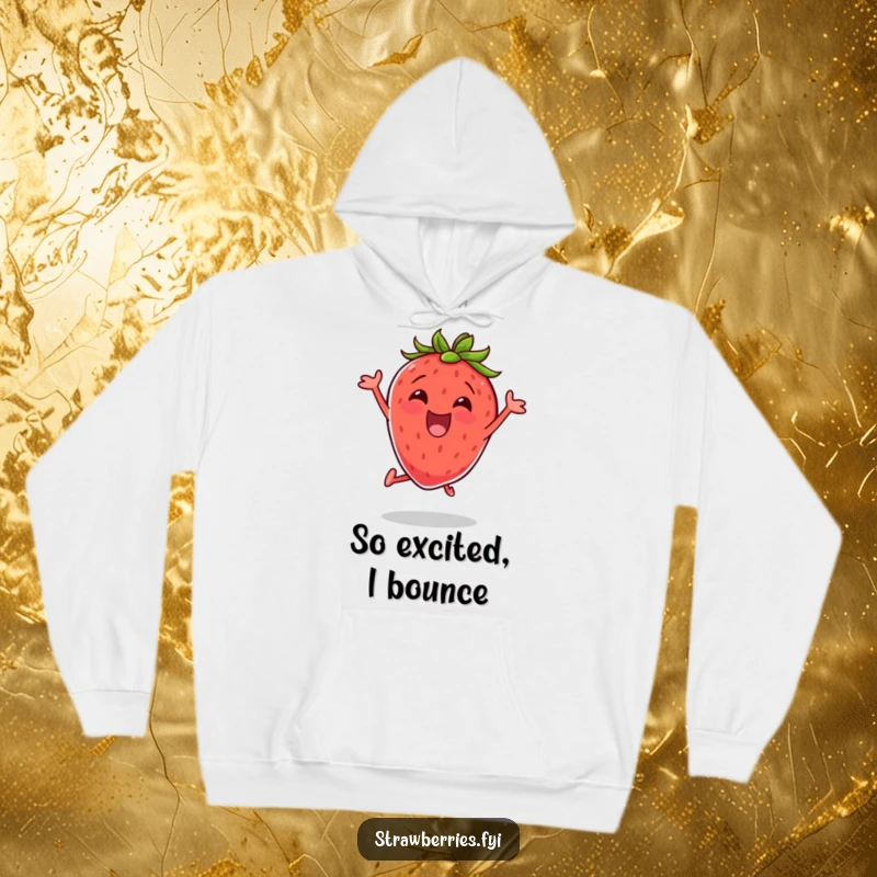 Funny hoodie featuring an excited strawberry doing a jumping jack, offering cozy comfort with a burst of energetic humor.