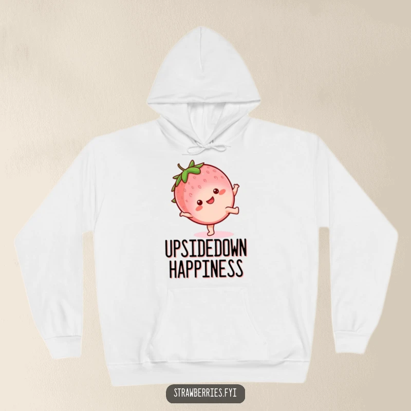 Funny Hoodie: Adorable kawaii strawberry character with a wide happy grin, performing a dynamic cartwheel, perfect for cozy, active days.