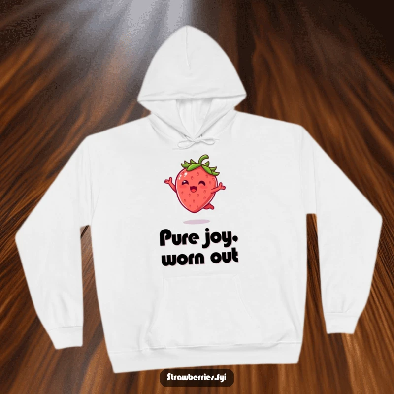 Funny Hoodie: Adorable kawaii strawberry character performing an energetic, joyful leap, celebrating life with happy leaves.