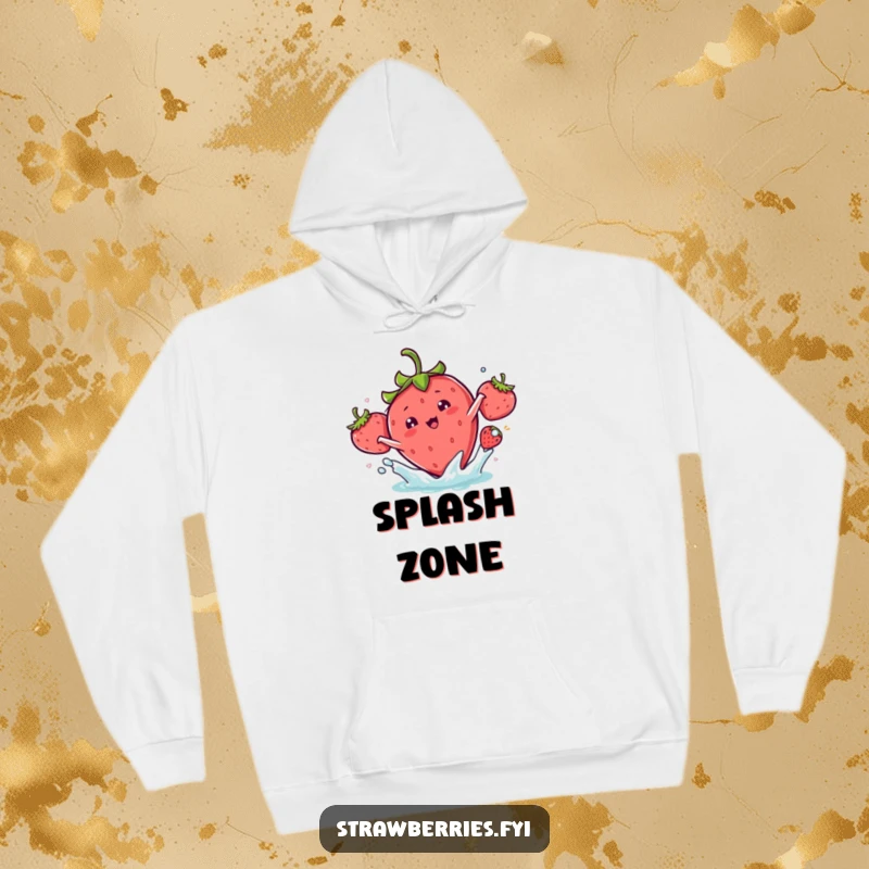 Funny kawaii strawberry character joyfully making a playful splash on this comfortable hoodie.