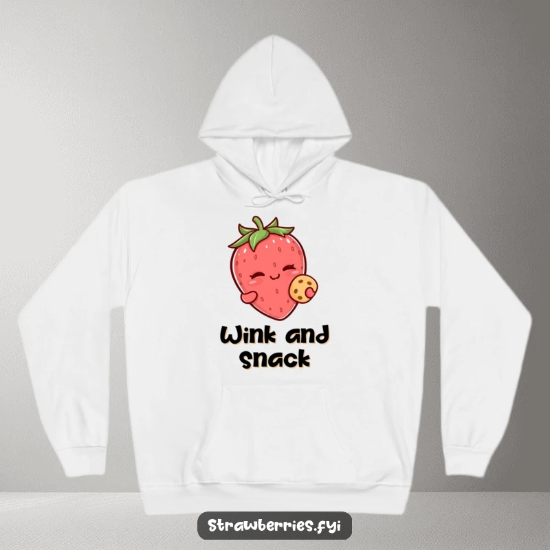 Funny kawaii strawberry character winking while holding a tiny cookie on this comfortable hoodie.