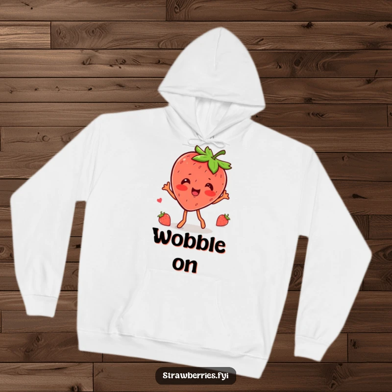 Funny kawaii strawberry character enthusiastically doing a wobble dance on this comfortable hoodie.