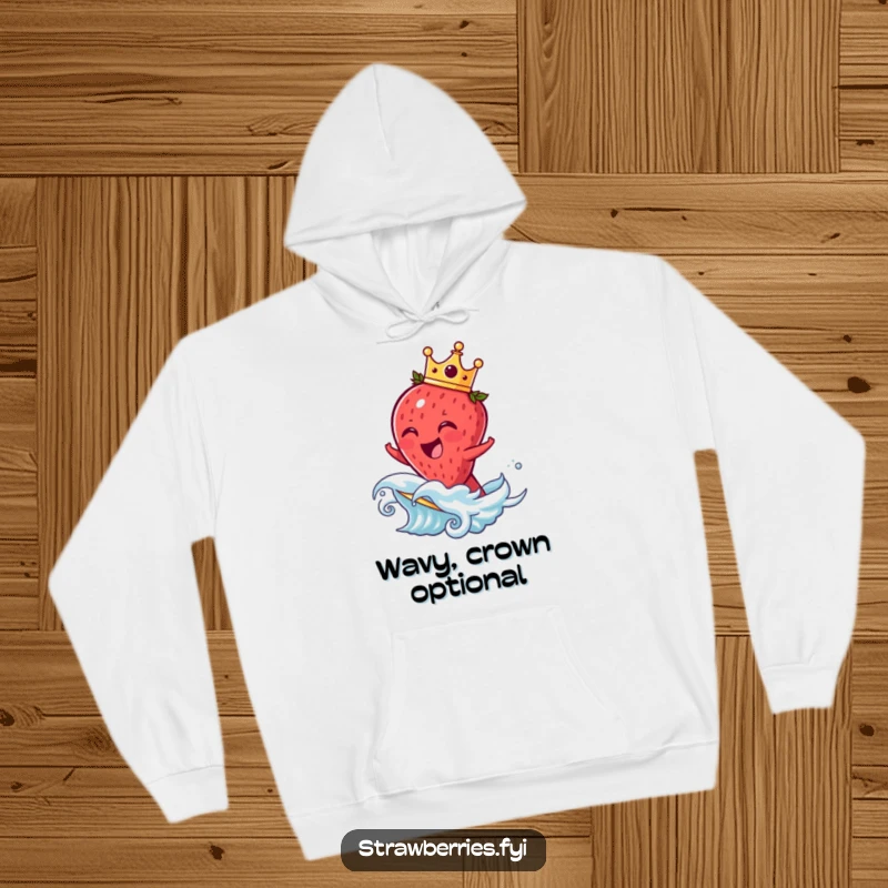 Funny strawberry hoodie featuring a laughing fruit character with a crown, happily riding a fruit wave, offering warm, humorous comfort.