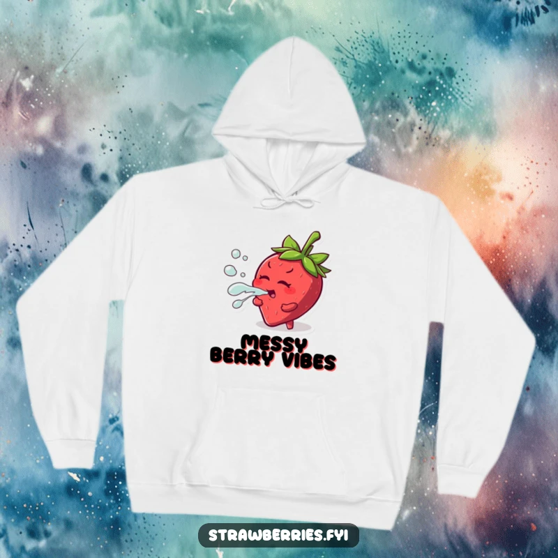 Funny hoodie featuring a mischievous strawberry character playfully squirting juice, perfect for cozy, fun vibes.