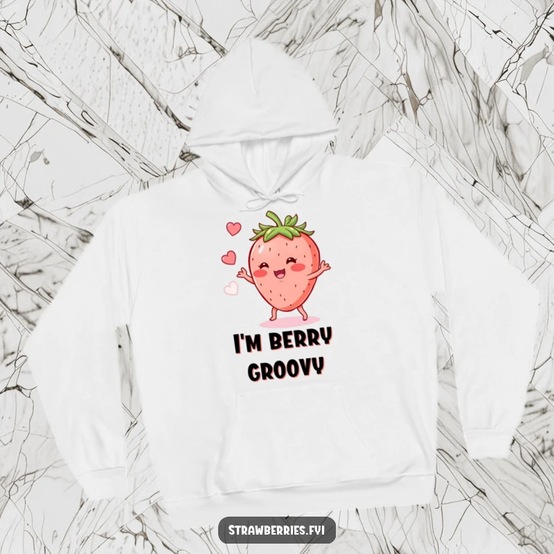 Funny Strawberry Shimmy Hoodie: A happy strawberry character grooving to a beat, offering cozy warmth and fun.