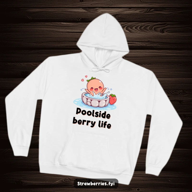 Funny hoodie with a gleeful strawberry character joyfully splashing water in a miniature pool, radiating infectious happiness.