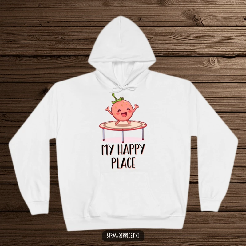 Funny cheerful strawberry character joyfully bouncing on a giant trampoline, a warm and humorous hoodie design.