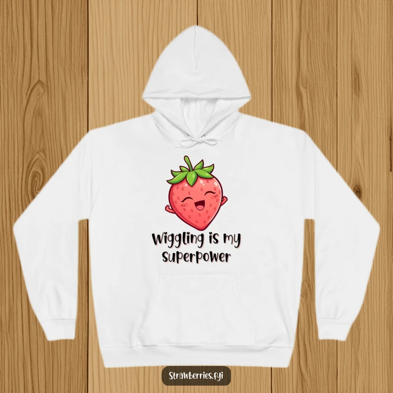 Funny Strawberry Hoodie showcasing a tickled strawberry character wiggling with uncontrollable delight, a cozy and funny gift.