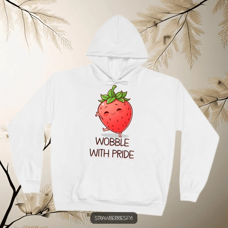 Funny hoodie featuring a wobbly anthropomorphic strawberry hilariously attempting a graceful yoga pose for maximum comedic effect.