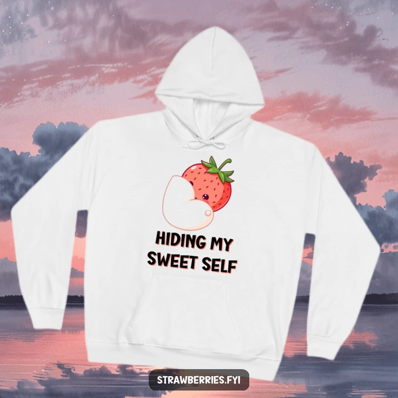 Funny hoodie featuring a shy strawberry peeking from behind a petal, offering cozy comfort with a touch of sweet innocence.