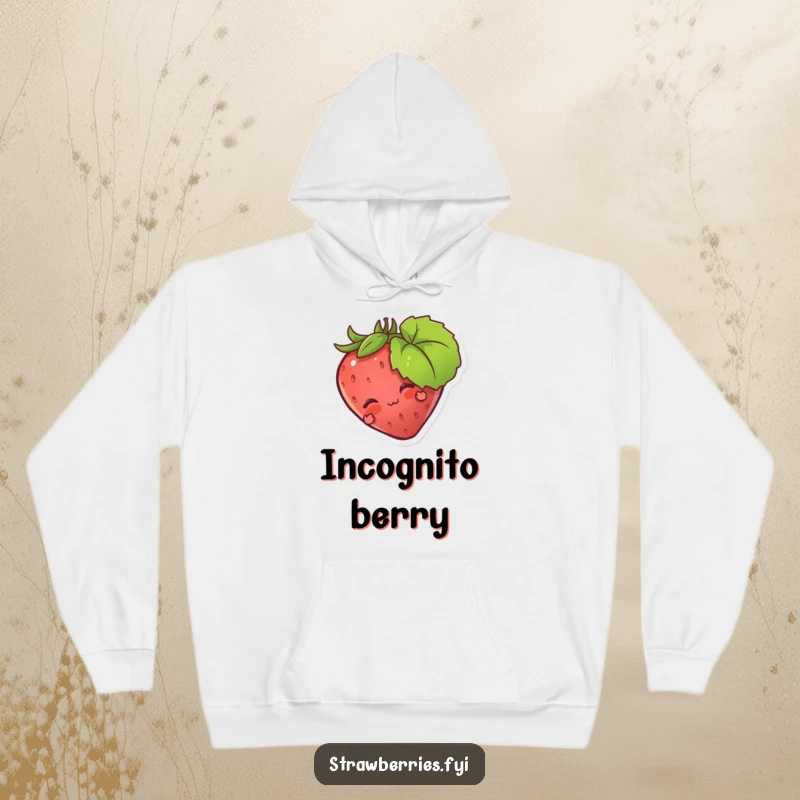 Funny hoodie featuring a strawberry character peeking playfully from behind a leaf, offering warmth and a humorous secret.
