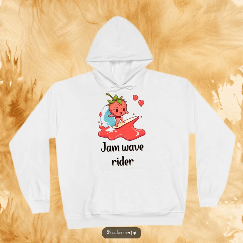 Funny Hoodie: A strawberry determinedly surfing a huge wave of jam, capturing a moment of humorous, sticky adventure.