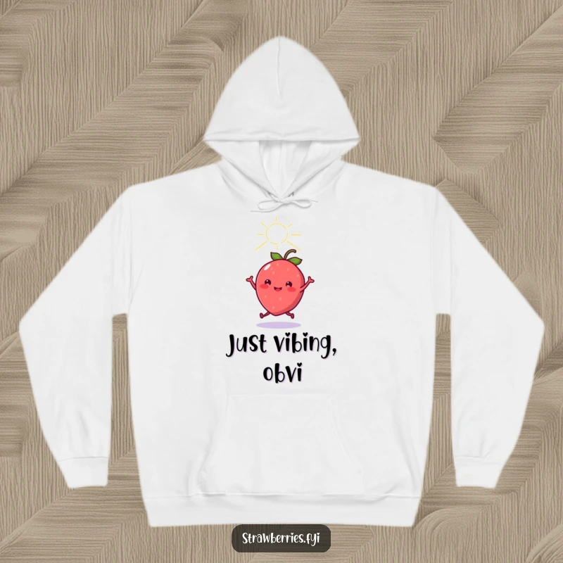 Funny cheerful kawaii strawberry character dancing under a sunbeam, printed on a soft, warm hoodie for cheerful, humorous wear.
