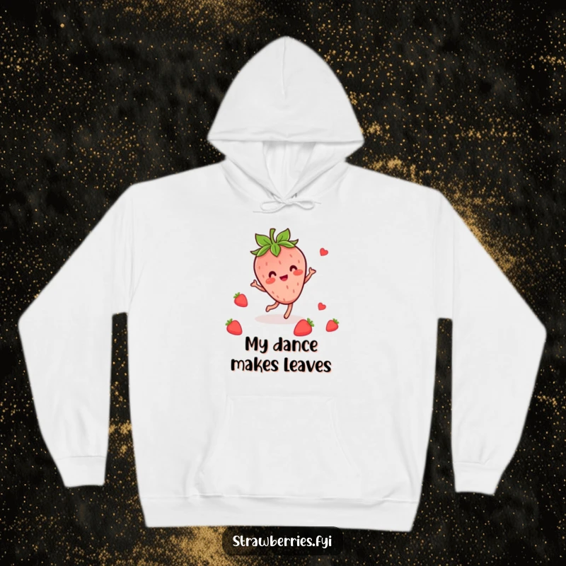 Funny hoodie design of a joyful Kawaii strawberry character twirling and dancing happily amongst decorative leaves.
