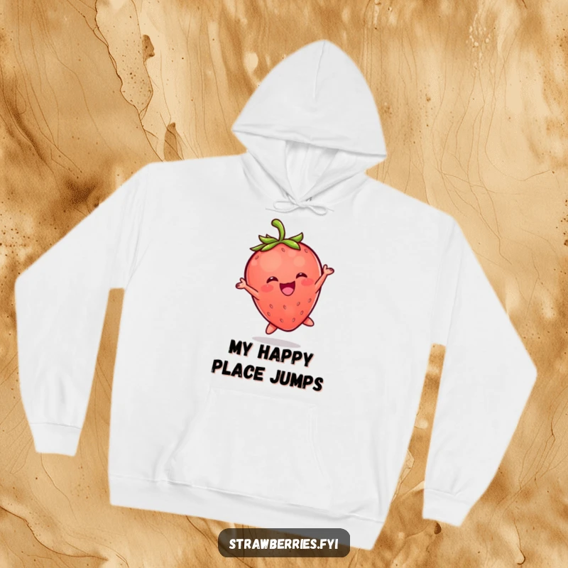 Funny hoodie depicting a bubbly Kawaii strawberry character in a spontaneous, ecstatic leap, radiating happiness.