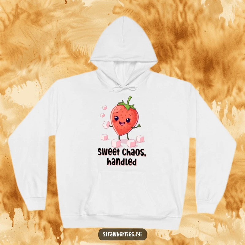 Funny Hoodie: Adorable kawaii strawberry character with a wide grin, juggling sugar cubes with amazing dexterity, perfect for cozy moments.