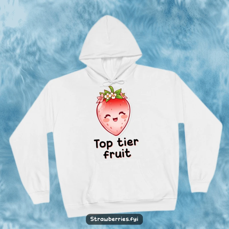 Funny strawberry hoodie with a delighted character wearing a flower petal crown, offering warmth and a sweet, humorous touch.