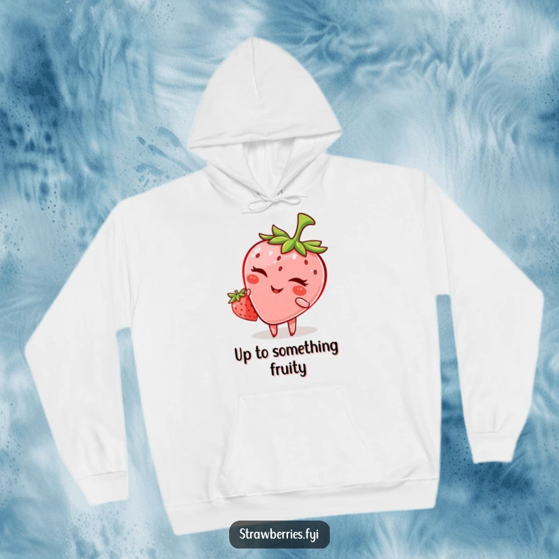 Funny hoodie featuring a winking anthropomorphic strawberry, exuding a playful and slightly mischievous aura.