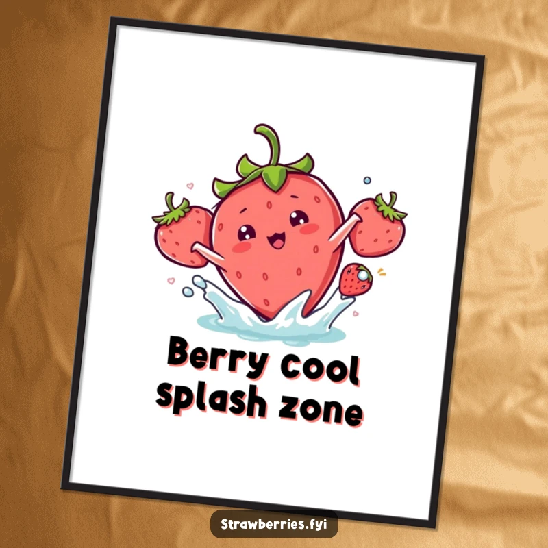 Funny Free Printable Wall Art: A kawaii strawberry character captured mid-splash, looking playful and energetic in the water.