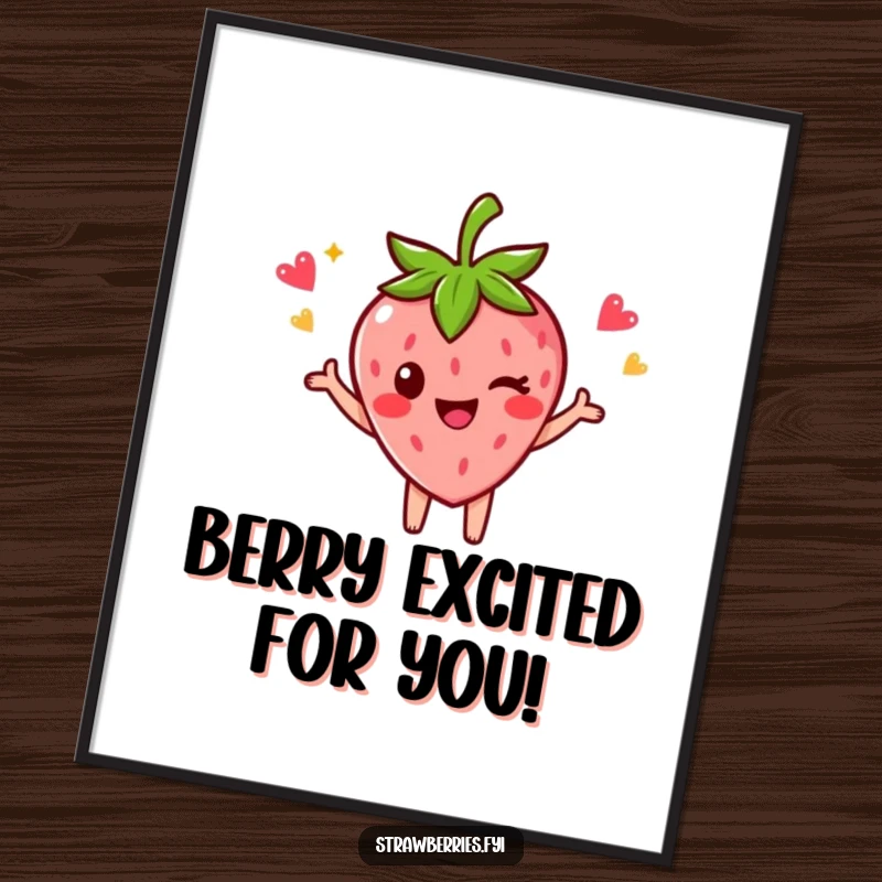 Funny free printable wall art of a strawberry character striking a dynamic celebratory pose with a mischievous wink.
