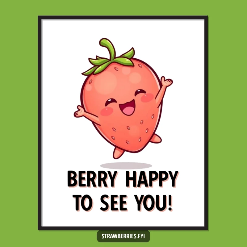 Free Printable Wall Art: Happy Kawaii Strawberry Leaping Design, Funny Downloadable Decor