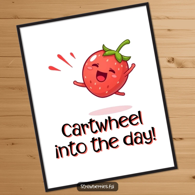 Funny Free Printable Wall Art of a giddy strawberry character doing a happy cartwheel, leaving a dynamic red streak.