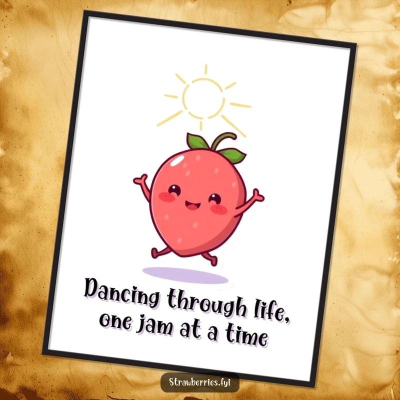 Funny Free Printable wall art of a cheerful kawaii strawberry character dancing energetically under a beaming sun.